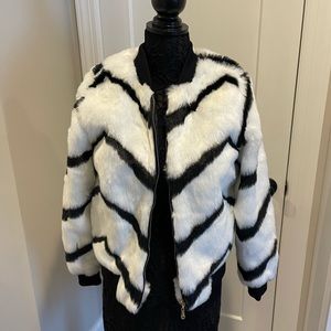 SAY WHAT? White and Black striped faux fur bomber